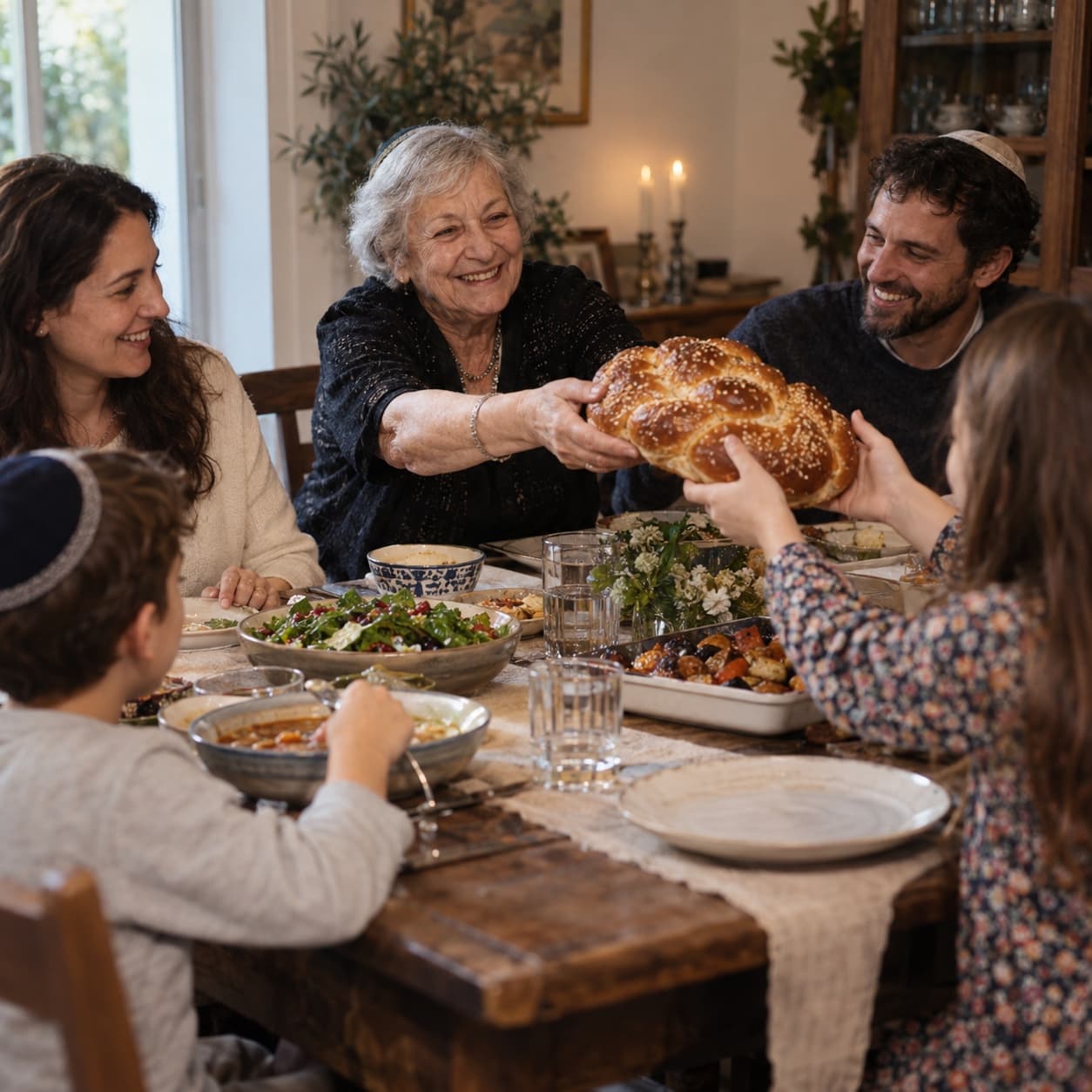 משפחה רב־דורית חולקת חלה סביב שולחן האוכל